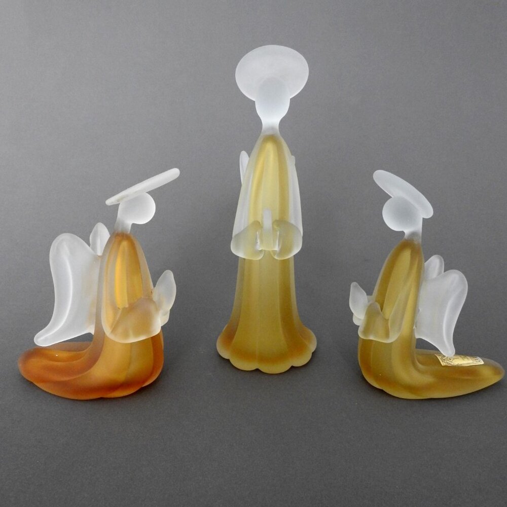 Seguso Ca D'Oro Matte Art Glass Praying Angel Figurines Satin White Amber Set 3
